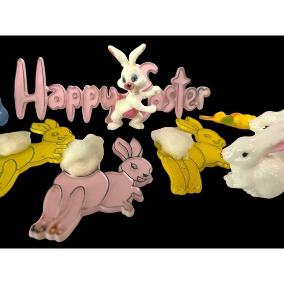 Vintage Easter Bunny Cake Toppers 11 Pieces Plastic & Flocked Decorations - Picture 3 of 4